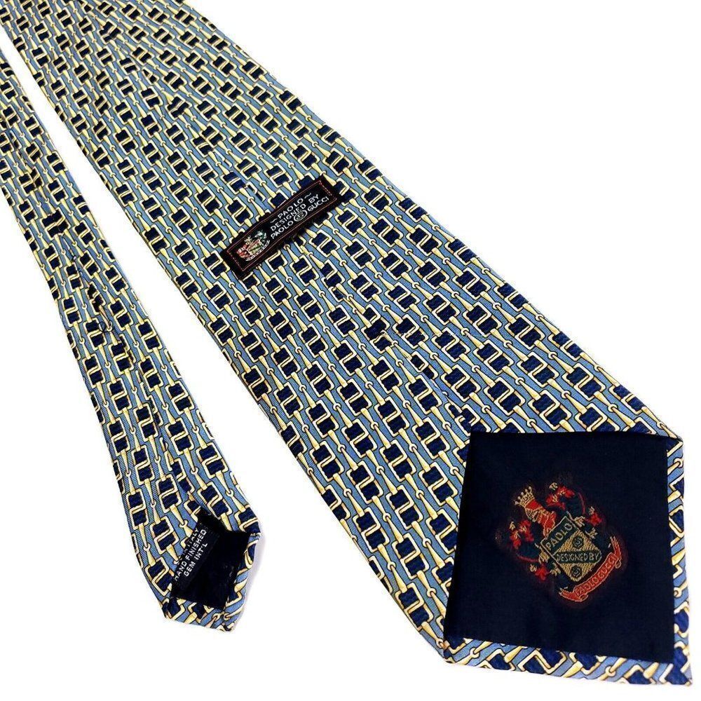 Paolo Gucci Blue Yellow Silk Tie Woven Geometric "Chain" Print - Picture 3 of 7